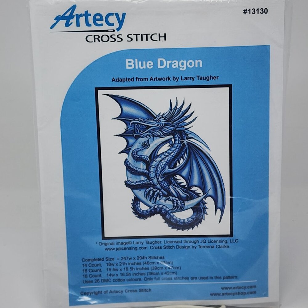 Cross Stitch Kit Blue Dragon #13130 Pattern Instructions & Floss Artecy